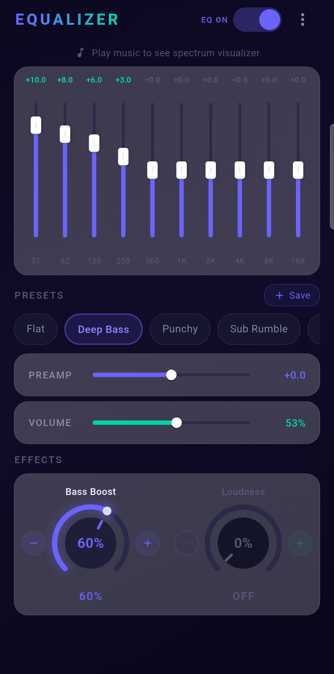 10-band equalizer with the Deep Bass preset and bass boost knob