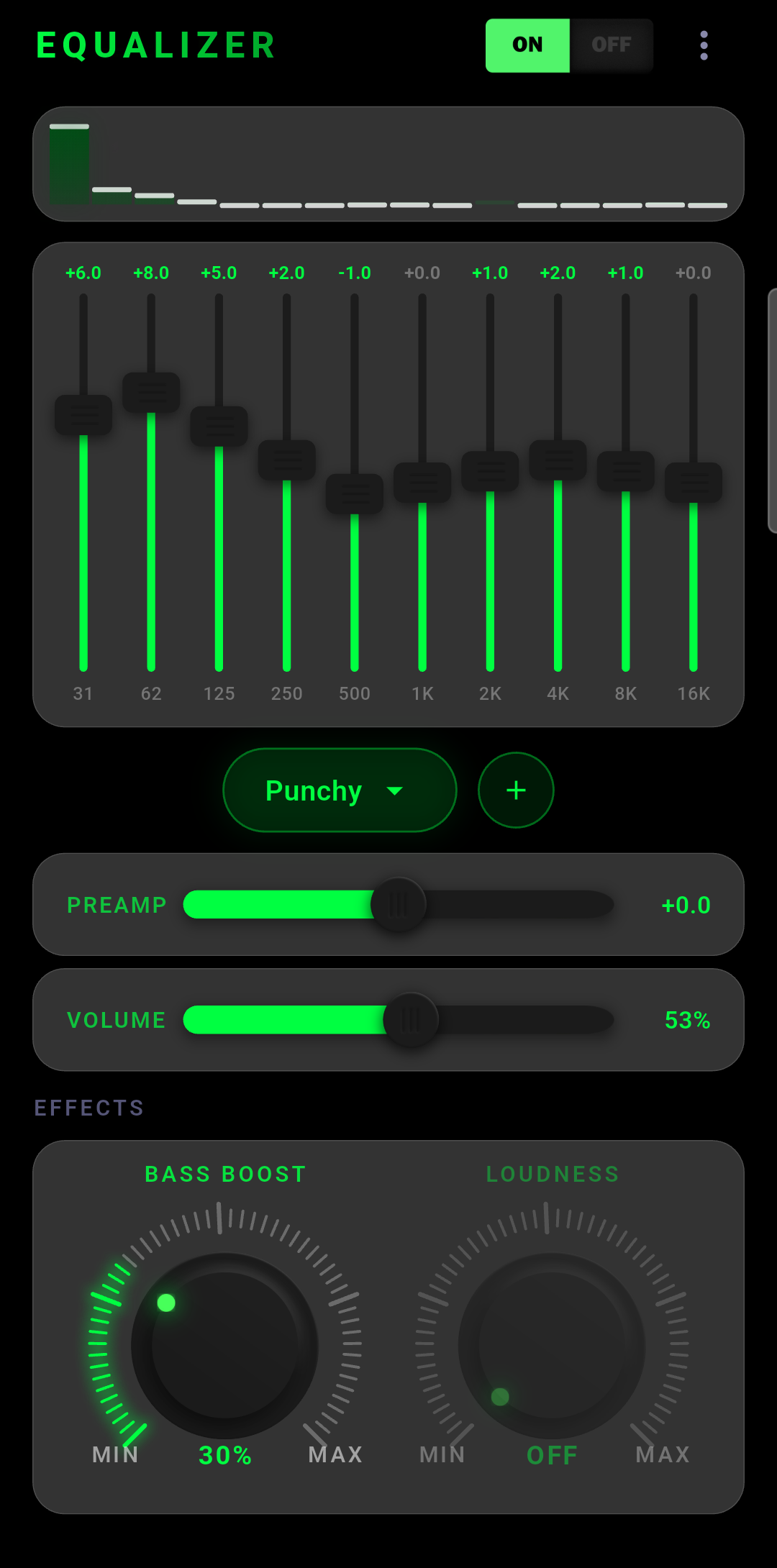 Matrix theme with green sliders and knobs on black
